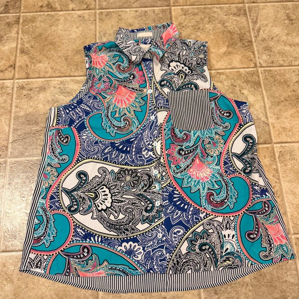 Chicos No Iron Sleeveless Paisley Striped Button Down Shirt Blue Teal Size 2